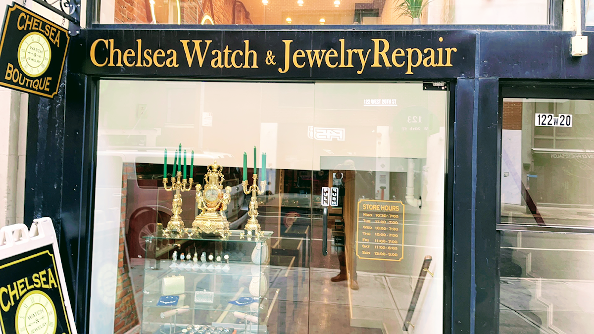 Chelsea Watch and Jewelry Repair storefront at 122 West 20th Street, gold lettering on glass
